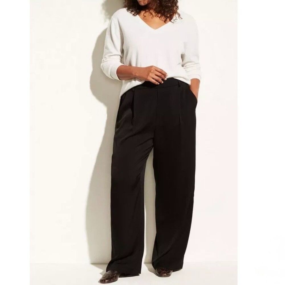 Vince Womens 18 High Waisted Pant Black Pleated Slash Pockets Wide Leg SRP $345